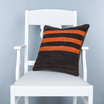 Authentic Turkish Black Orange Striped Hand Woven Pillow Case